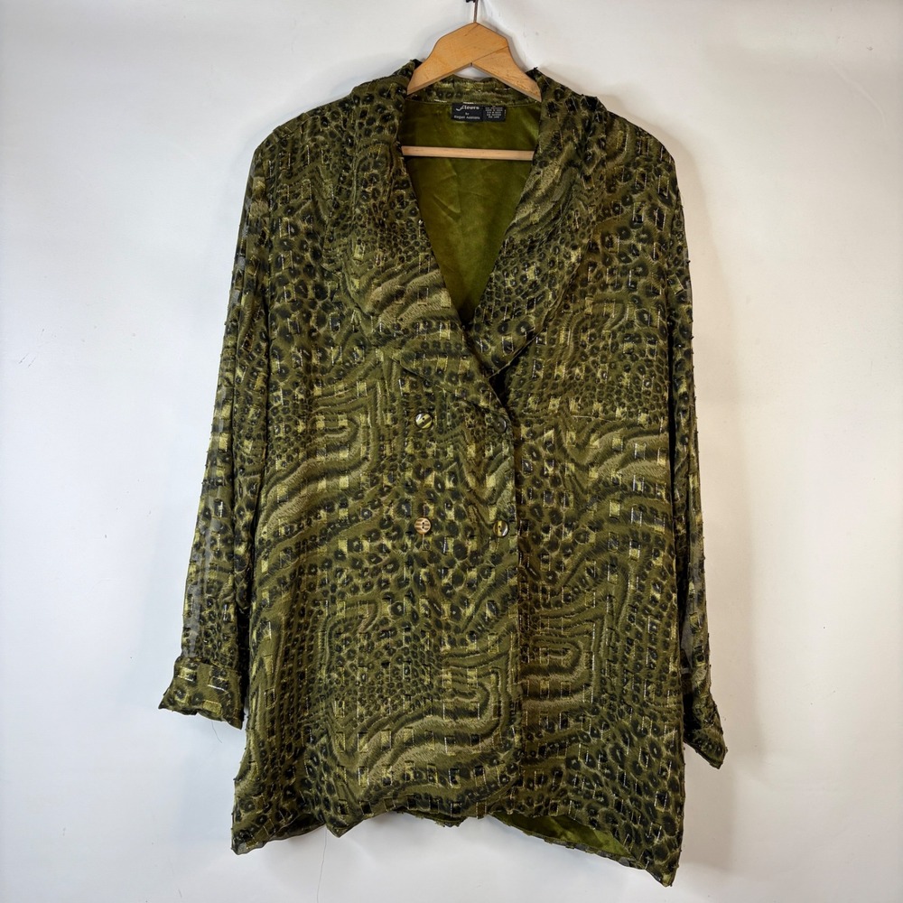 Fleurs Jacket Women 1X Olive Green Burnout Animal Print Metallic Double Breasted